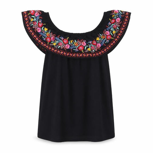 Oasis Womens Black Cotton Basic Blouse Size S Off the Shoulder - Embroidered Flowers