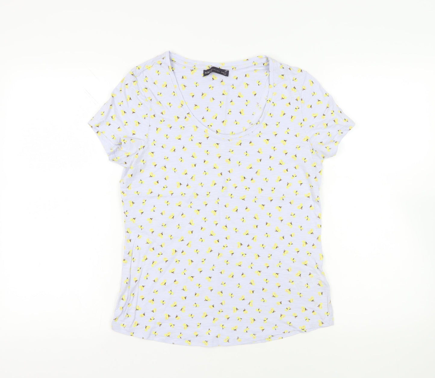 Marks and Spencer Womens Blue Floral Cotton Basic T-Shirt Size 12 Scoop Neck