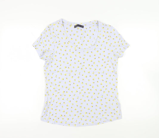 Marks and Spencer Womens Blue Floral Cotton Basic T-Shirt Size 12 Scoop Neck