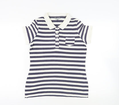 Marks & Spencer Womens Blue Striped Cotton Basic Polo Size 12 Collared