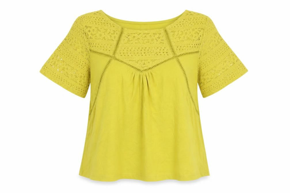 Sfera Womens Yellow Cotton Basic Blouse Size S Round Neck - Lace Detail