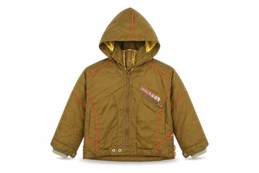 Front view of Oilliy boys’ brown jacket, size 4-5, years zip