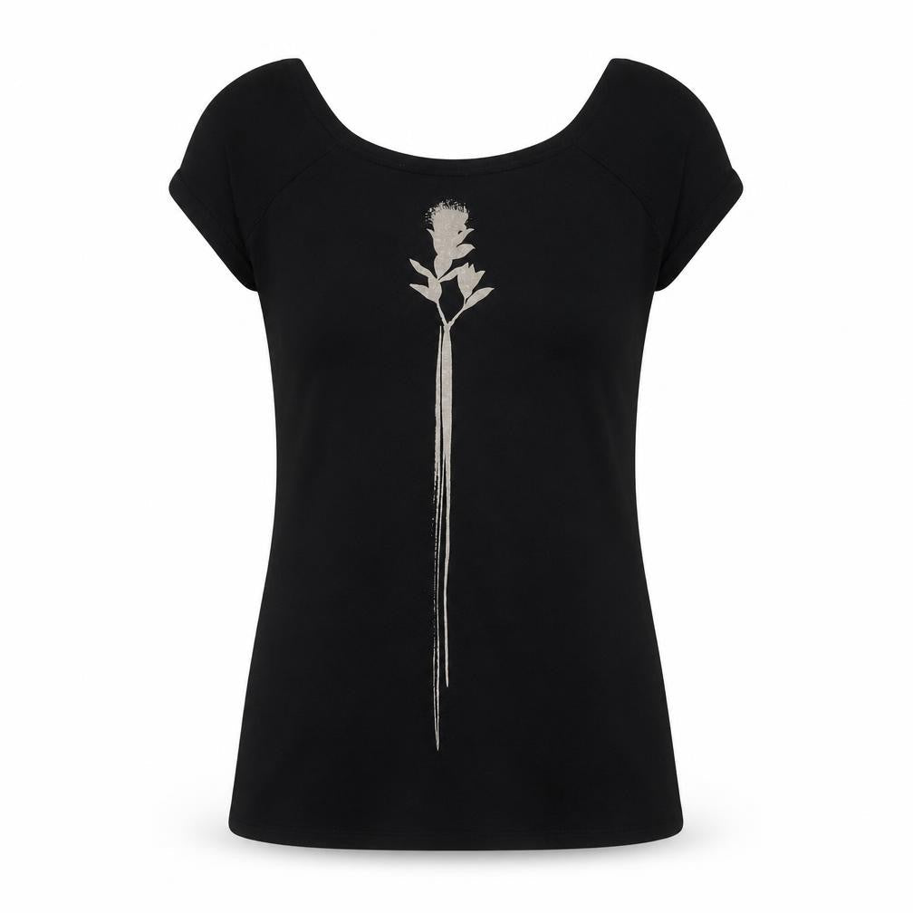 Isabel de Pedro Womens Black Viscose Basic T-Shirt Size 12 Round Neck - Flower