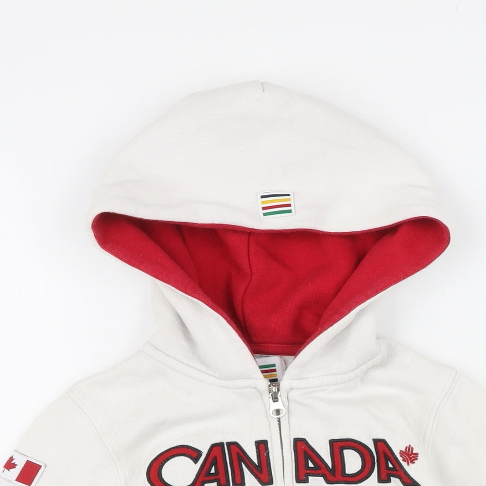 Close-up detail of Canada girls’ white cotton full zip hoodie, size 6, years zip - canada