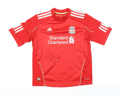 Front view of Addidas boys’ red polyester basic t-shirt, size 11-12, years round neck pullover - liverpool fc