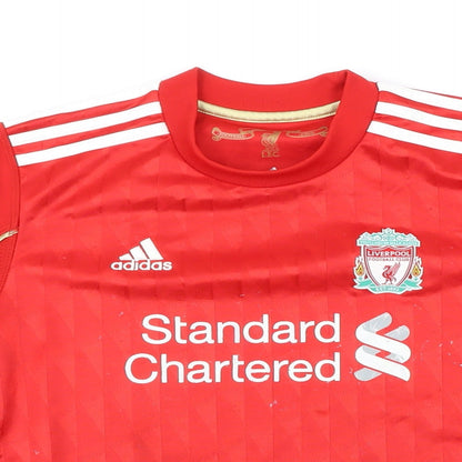 Close-up detail of Addidas boys’ red polyester basic t-shirt, size 11-12, years round neck pullover - liverpool fc