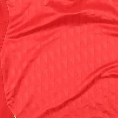 Brand and care label for Addidas boys’ red polyester basic t-shirt, size 11-12, years round neck pullover - liverpool fc