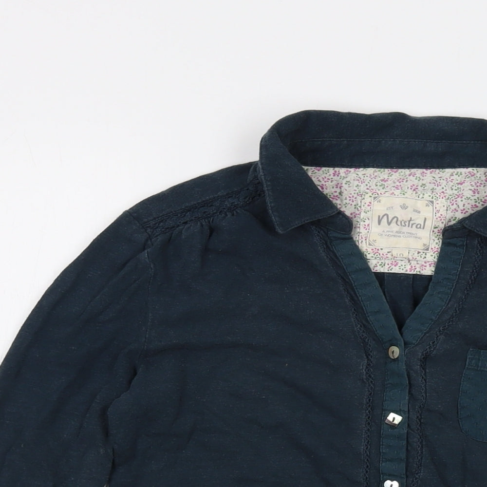 Mistral Womens Blue Cotton Basic Blouse Size 10 Collared