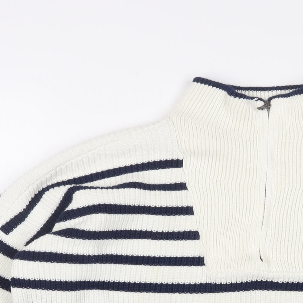 Landsend Womens White Striped Cotton Pullover Sweatshirt Size S Zip