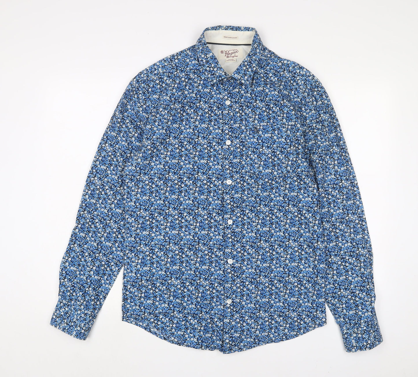 Penguin' Mens Blue Floral Cotton Button-Up Size M Collared Button