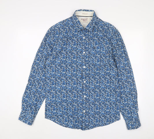 Penguin' Mens Blue Floral Cotton Button-Up Size M Collared Button