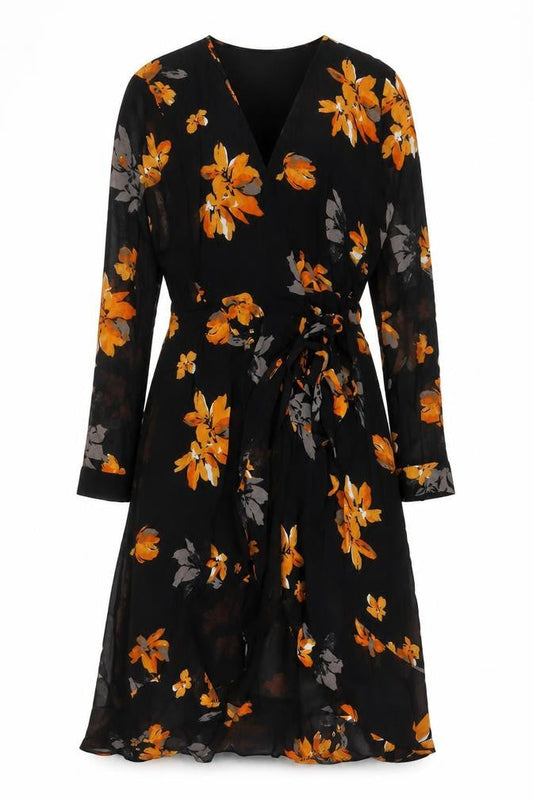 Copenhagen Womens Black Floral Polyester A-Line Size 14 V-Neck Tie