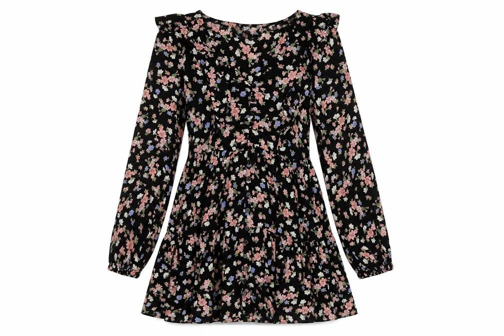 Miss Selfridge Womens Black Floral Viscose A-Line Size 6 V-Neck Button