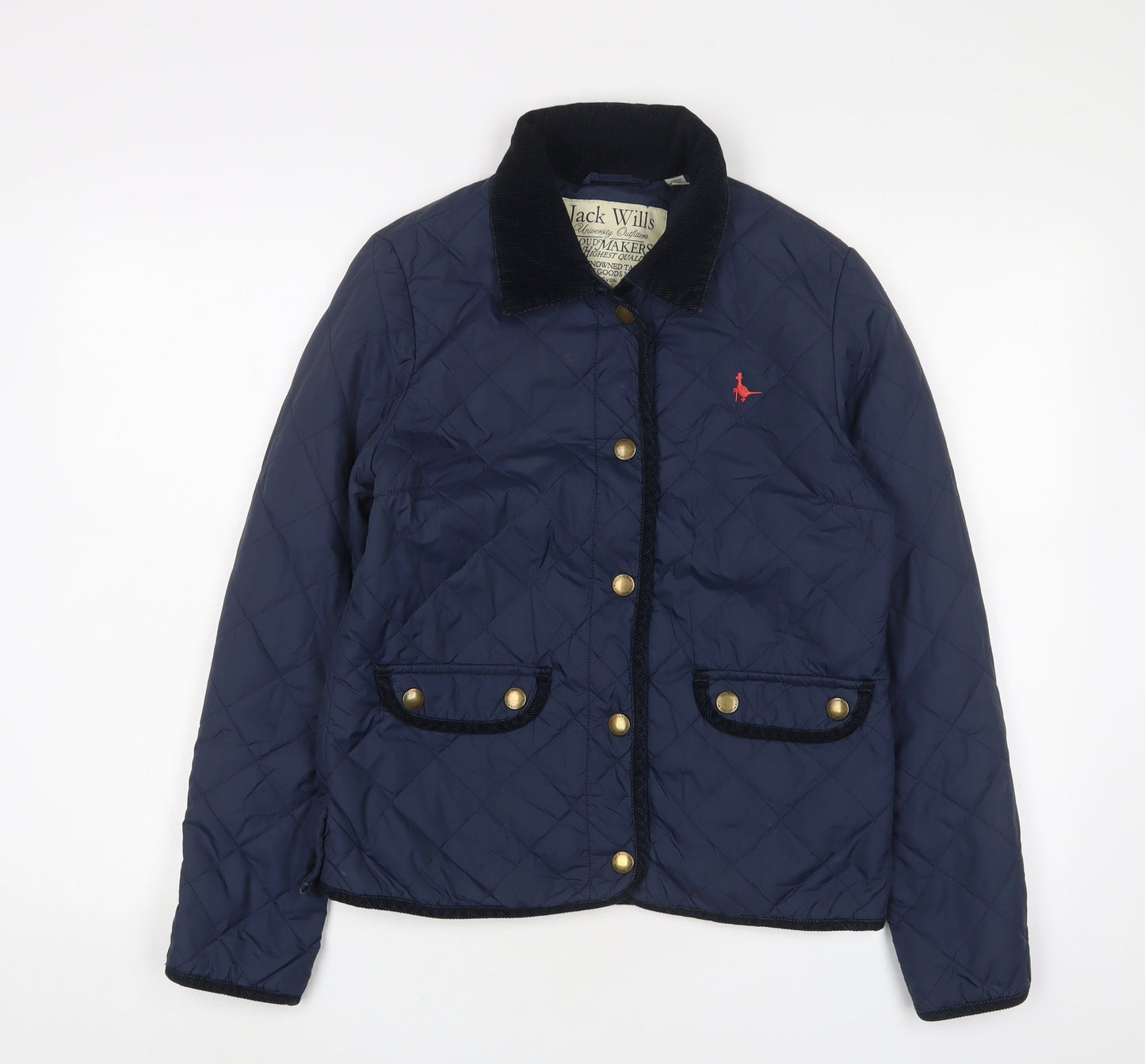 Jack Wills Womens Blue Quilted Jacket Size 10 Snap - Logo, Embroidered