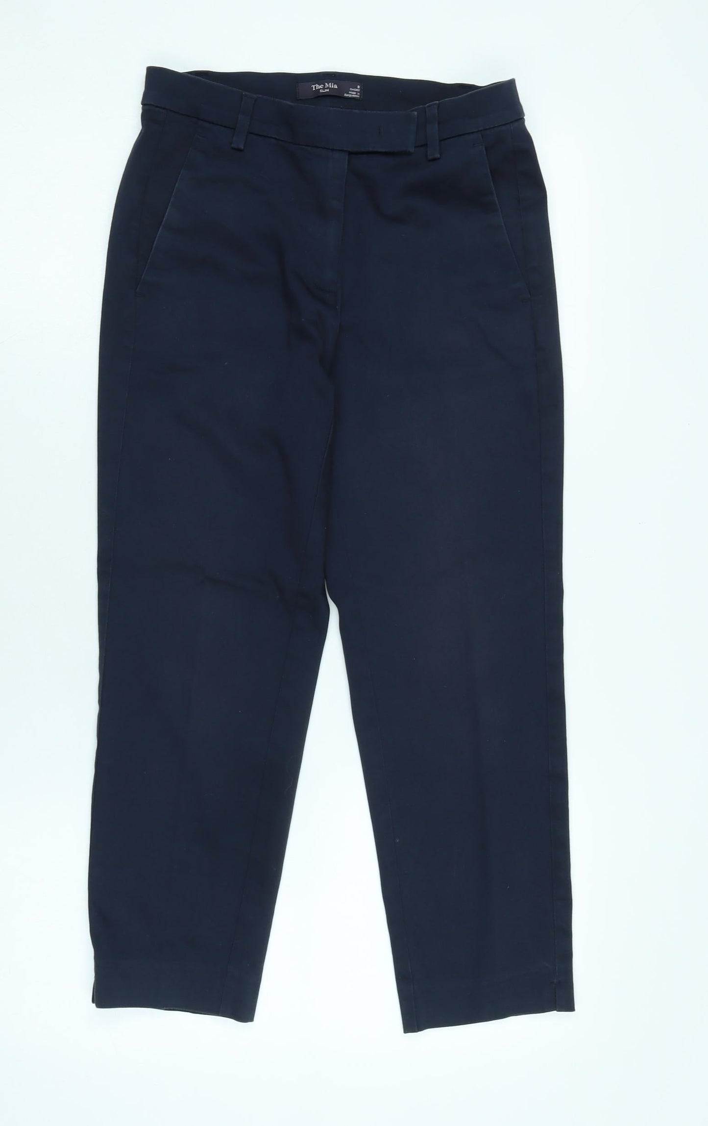 Marks and Spencer Womens Blue Cotton Trousers Size 8 L22 in Regular Zip - Side vents to legs.