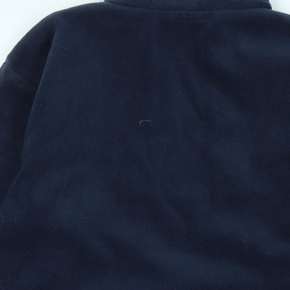 Brand and care label for G&G women’s blue polyester pullover sweatshirt, size S