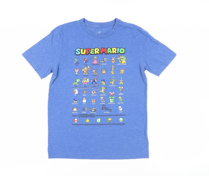 Front view of Gap girls’ blue cotton basic t-shirt, size 12-13, years crew neck pullover - super mario