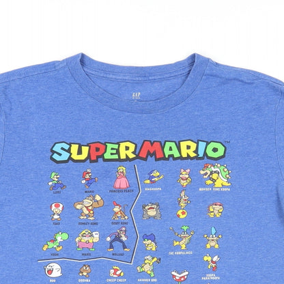 Close-up detail of Gap girls’ blue cotton basic t-shirt, size 12-13, years crew neck pullover - super mario