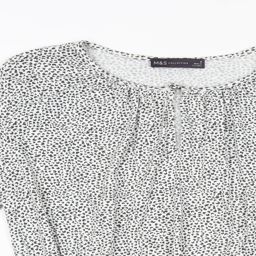 Marks and Spencer Womens White Animal Print Viscose Basic Blouse Size 8 Round Neck - Keyhole Neckline