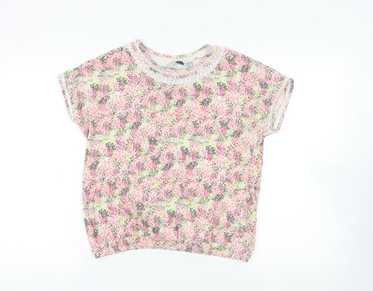 NEXT Womens Multicoloured Floral Cotton Basic T-Shirt Size 12 Round Neck - Lace Detail