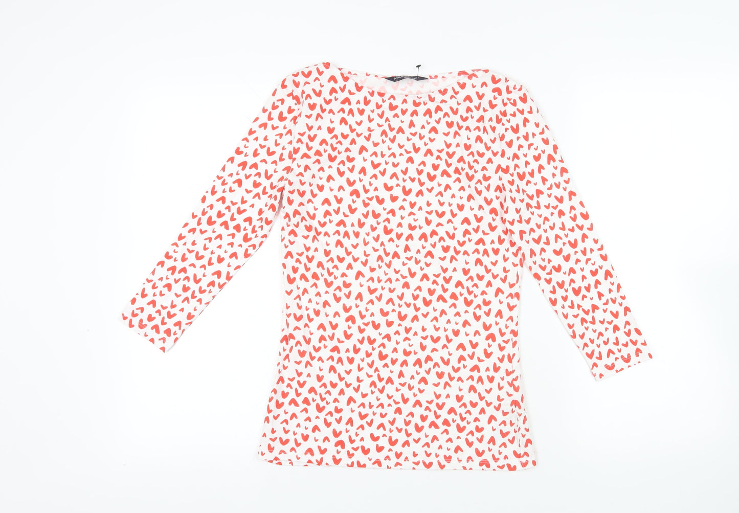 Marks and Spencer Womens Red Geometric Cotton Basic T-Shirt Size 8 Boat Neck - Heart Pattern