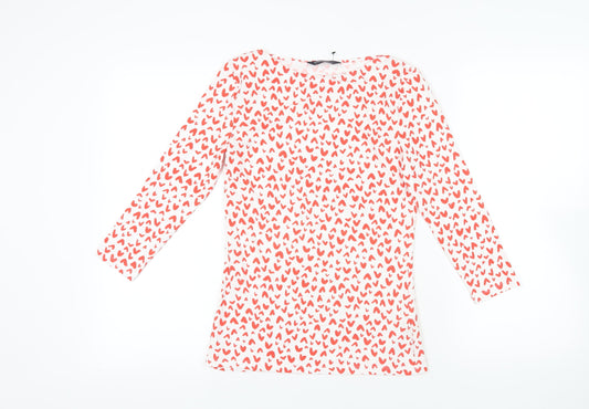 Marks and Spencer Womens Red Geometric Cotton Basic T-Shirt Size 8 Boat Neck - Heart Pattern