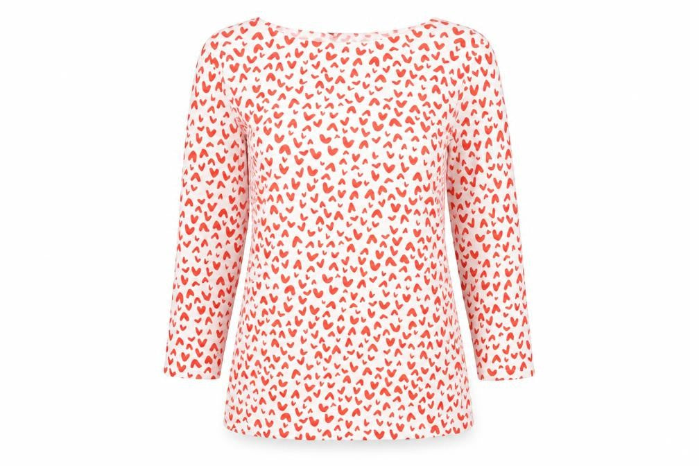 Marks & Spencer Womens Red Geometric Cotton Basic T-Shirt Size 8 Boat Neck - Heart Pattern