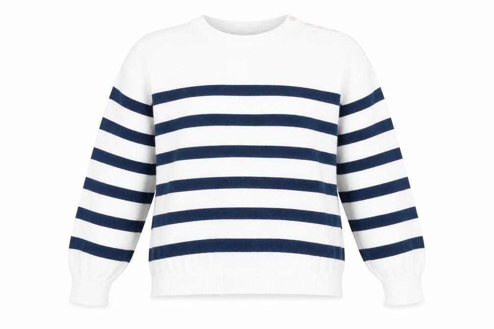 Cream Womens White Round Neck Striped Polyester Pullover Jumper Size M