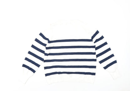 Cream Womens White Round Neck Striped Polyester Pullover Jumper Size M