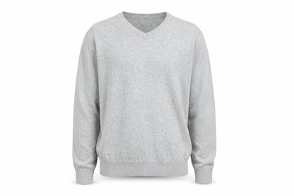 Front view of Easy men’s grey v-neck cotton jumper, size M, long sleeve