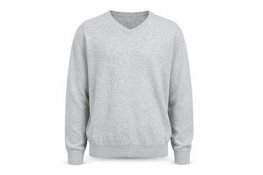 Front view of Easy men’s grey v-neck cotton jumper, size M, long sleeve