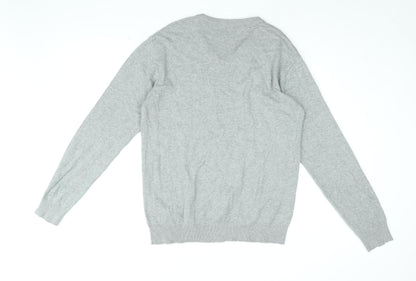 Back view of Easy men’s grey v-neck cotton jumper, size M, long sleeve