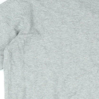Brand and care label for Easy men’s grey v-neck cotton jumper, size M, long sleeve