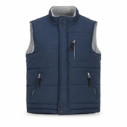 Front view of St Bernard boys’ blue gilet coat, size 9, years zip