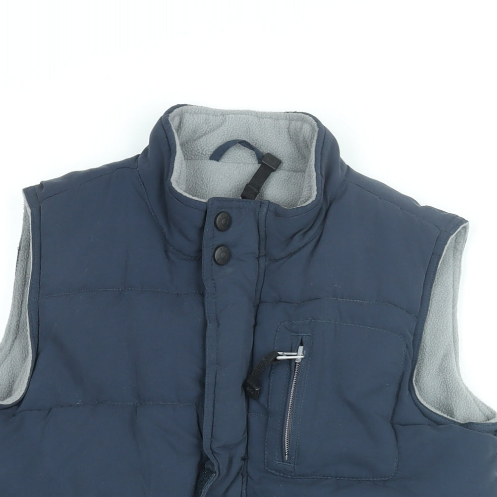 Close-up detail of St Bernard boys’ blue gilet coat, size 9, years zip