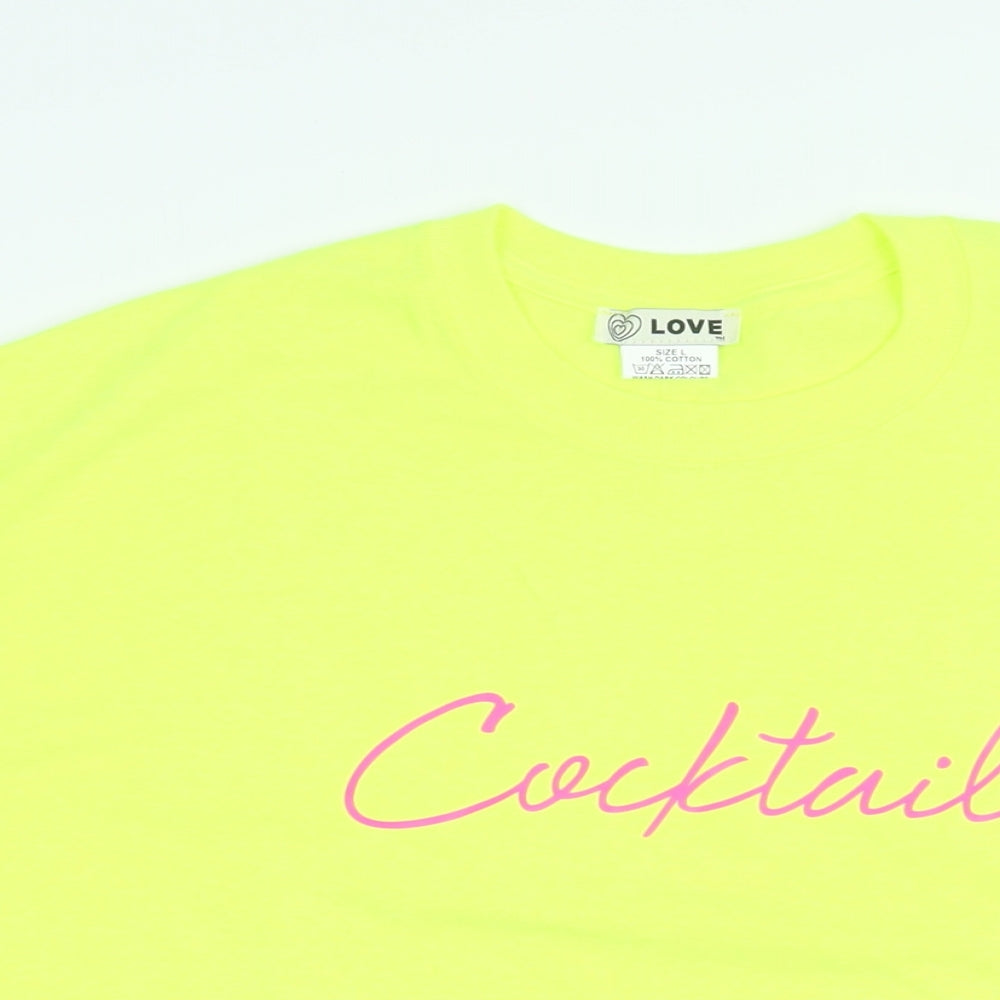 Love Womens Yellow Cotton Basic T-Shirt Size L Round Neck - Cocktails