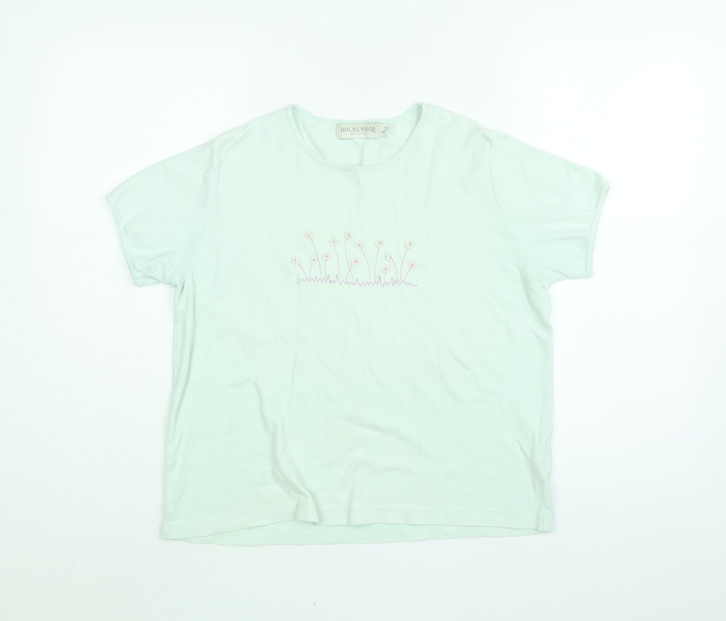 Holmewood Womens Blue Floral Cotton Basic T-Shirt Size 14 Round Neck
