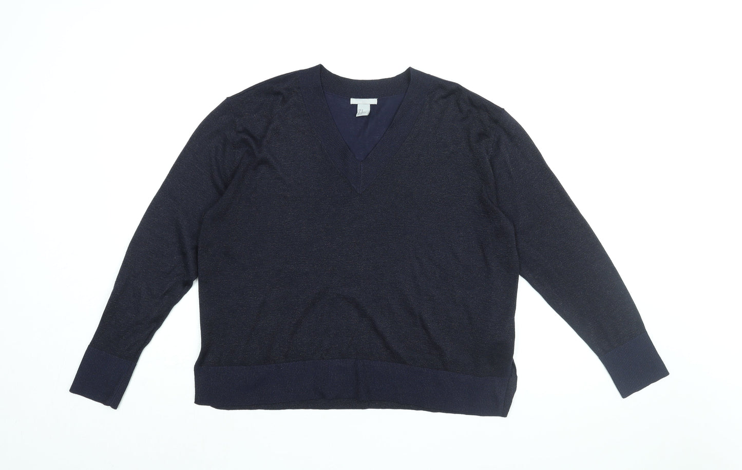 H&M Womens Blue V-Neck Viscose Pullover Jumper Size M - Glitter Detail