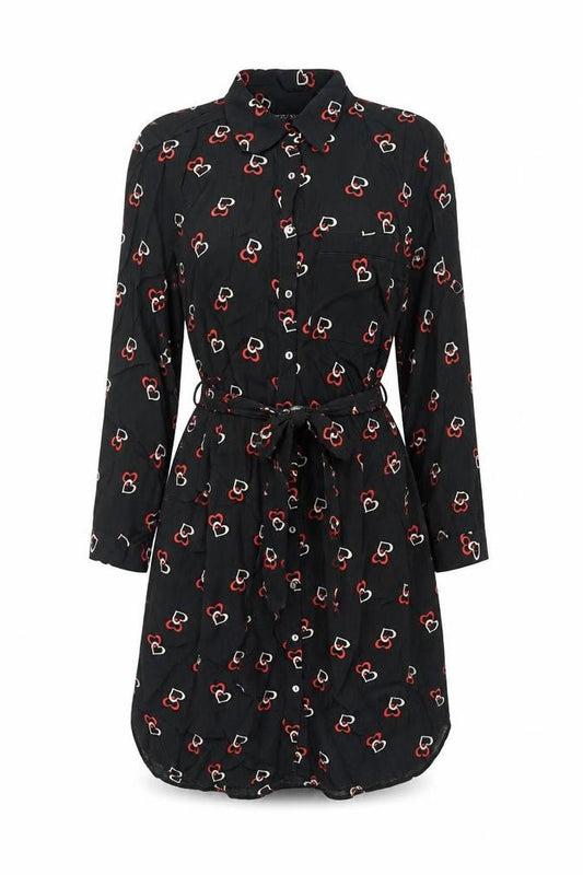 Dorothy Perkins Womens Black Geometric Viscose Shirt Dress Size 12 Collared Button - Belted, Heart Print