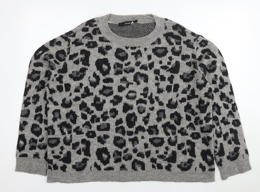 VERO MODA Womens Grey Round Neck Animal Print Acrylic Pullover Jumper Size XL - Leopard Print