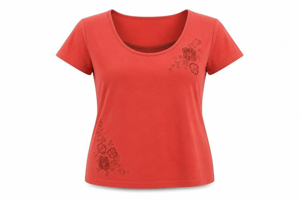 Maine Womens Red Cotton Basic T-Shirt Size 16 Round Neck - Flowers