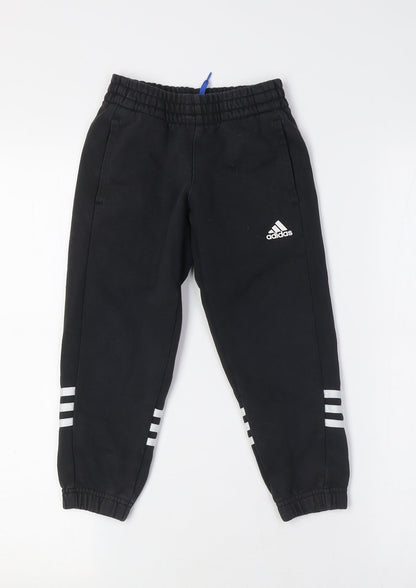 Additional front view of Adidas boys’ black jogger trousers with side stripe