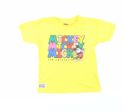 Front view of Disney girls’ yellow 100% cotton basic t-shirt, size 7-8, years round neck pullover - mickey mouse & friends