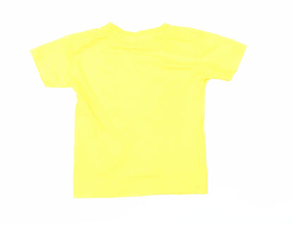 Back view of Disney girls’ yellow 100% cotton basic t-shirt, size 7-8, years round neck pullover - mickey mouse & friends