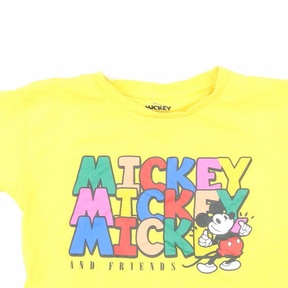 Close-up detail of Disney girls’ yellow 100% cotton basic t-shirt, years round neck pullover - mickey mouse & friends