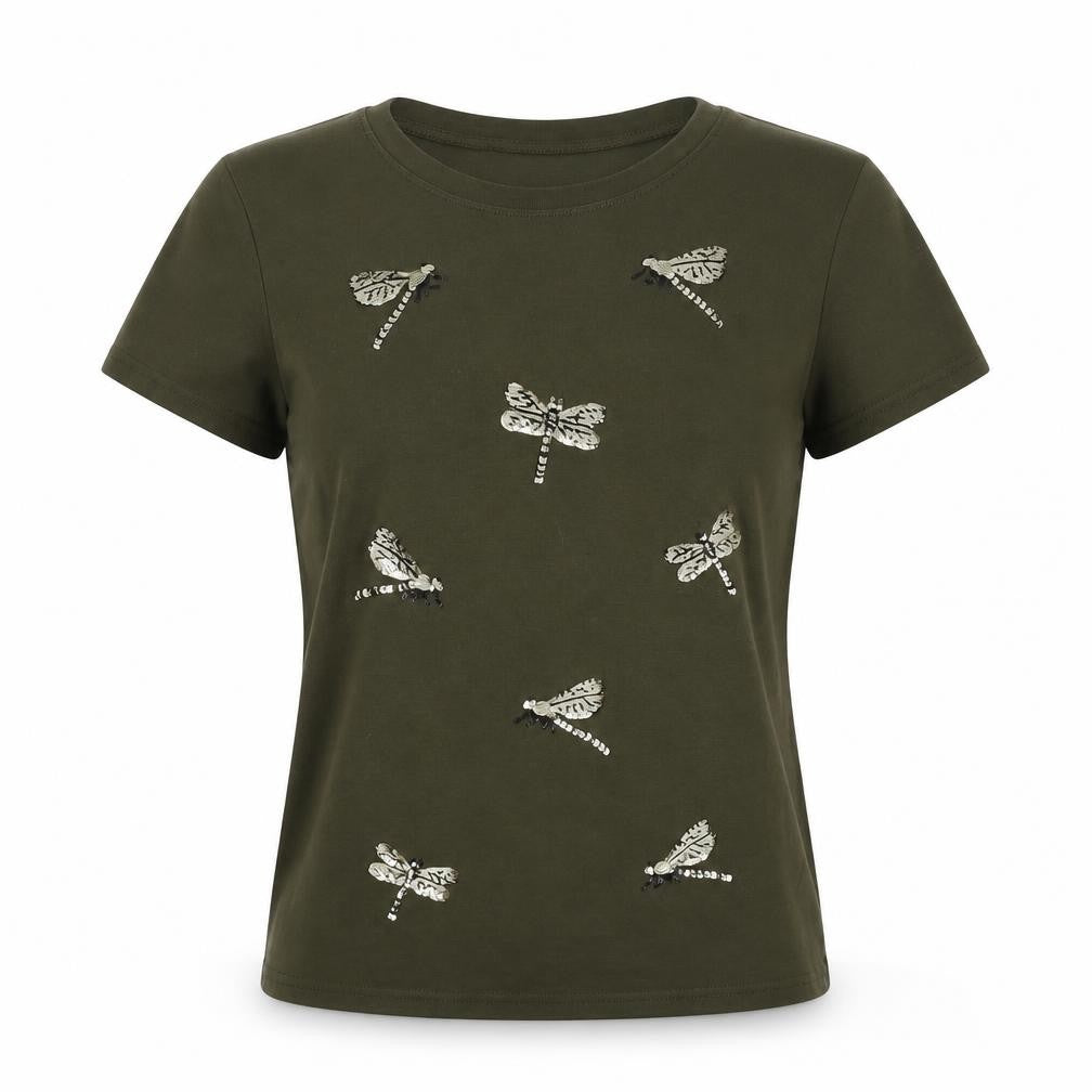 May Womens Green Cotton Basic T-Shirt Size M Crew Neck