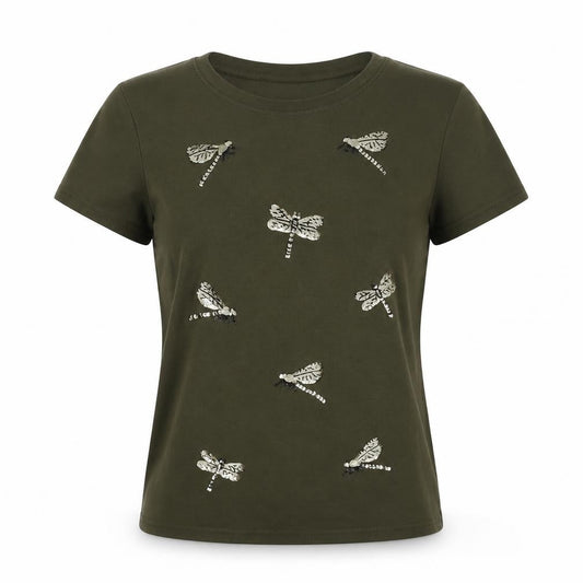 May Womens Green Cotton Basic T-Shirt Size M Crew Neck