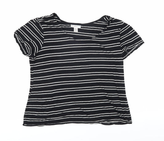 Kenar Womens Black Striped Cotton Basic T-Shirt Size L Boat Neck