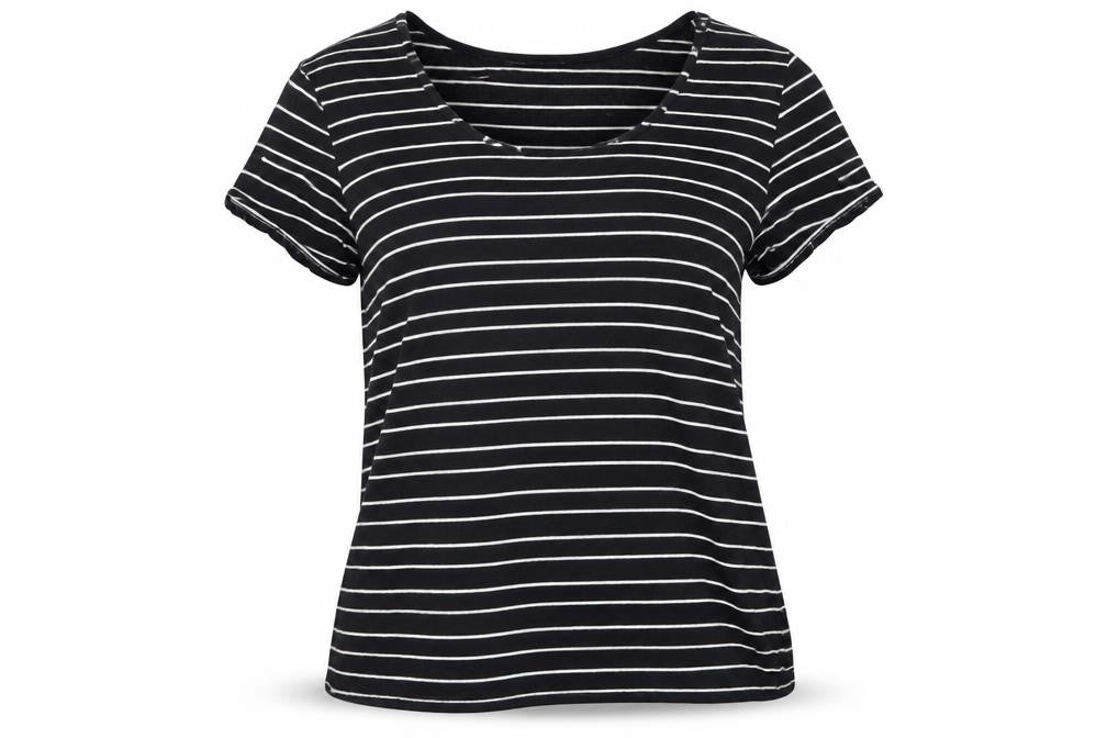Kenar Womens Black Striped Cotton Basic T-Shirt Size L Boat Neck