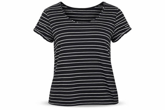 Kenar Womens Black Striped Cotton Basic T-Shirt Size L Boat Neck